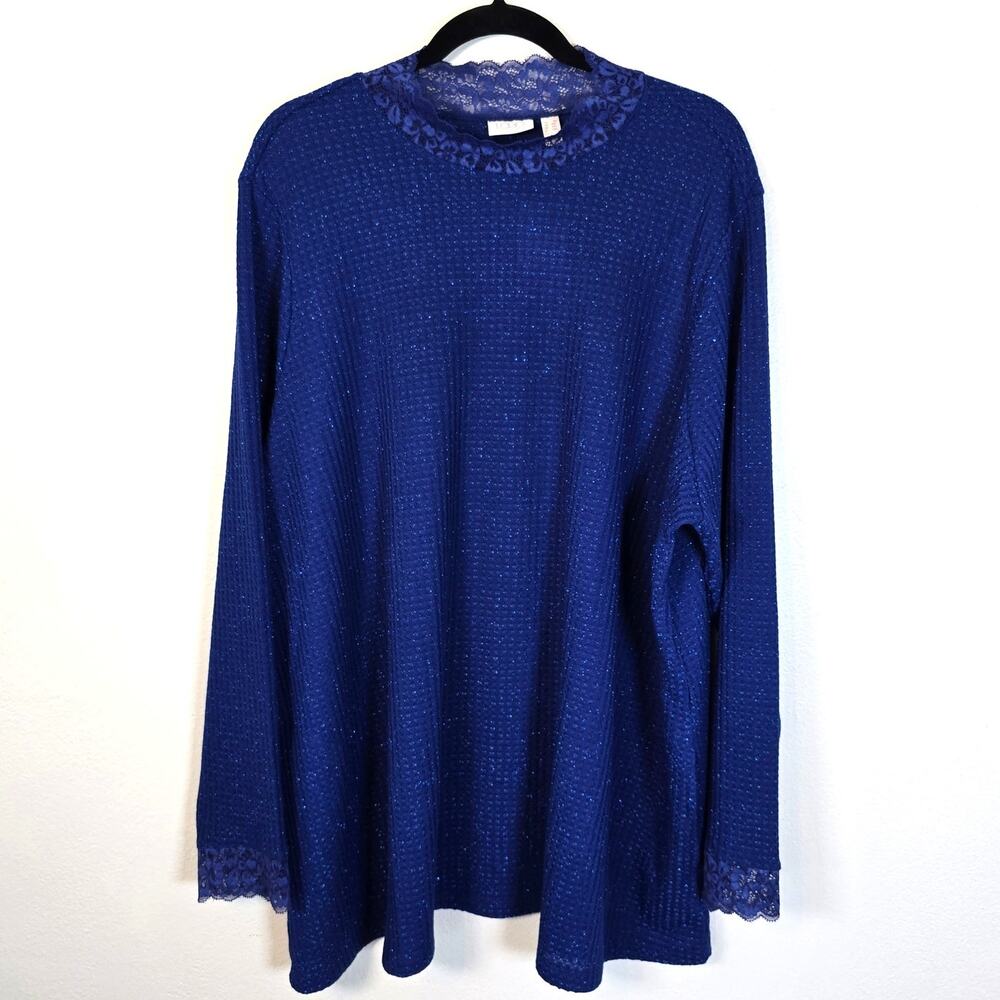LOGO Lori Goldstein Metallic Waffle Knit Mock Neck 3X Blue Lace Boho Chic Spring